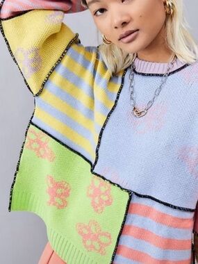 Ragged Priest Patchwork Knit Sweater Cropped Colorblock Grunge Indie